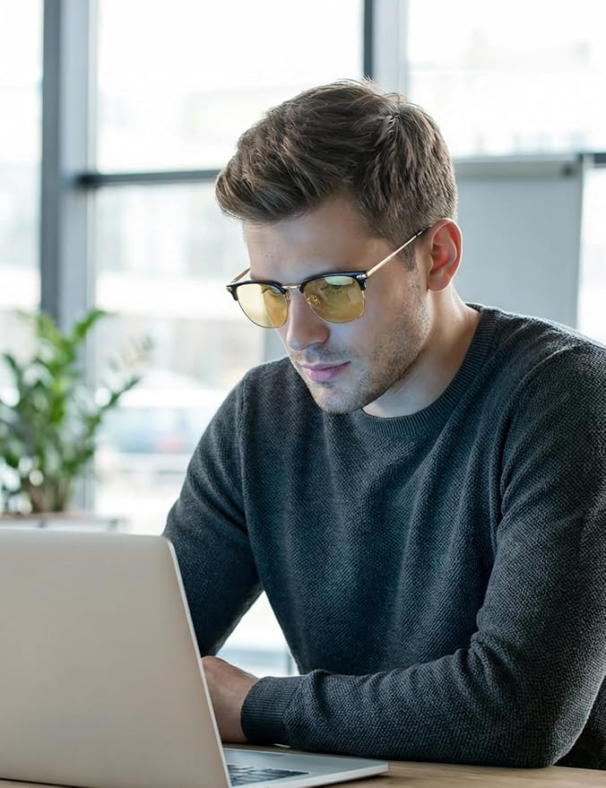 Blue Light Glasses | Men Browline Gaming Glasses | Anti Eye Strain & Migraine Blue Blocker Eyeglasses（Black Gold）