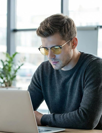 Blue Light Glasses | Men Browline Gaming Glasses | Anti Eye Strain & Migraine Blue Blocker Eyeglasses（Black Gold）