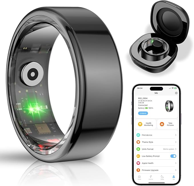 Smart Health Ring for Women Men,Fitness Tracker Smart Ring with Heart Rate,Sleep Monitor,Blood Oxygen,Steps,IP68 Waterproof Up to 5-7 Days Battery Life for iOS Android,No App Fee(Black,11)