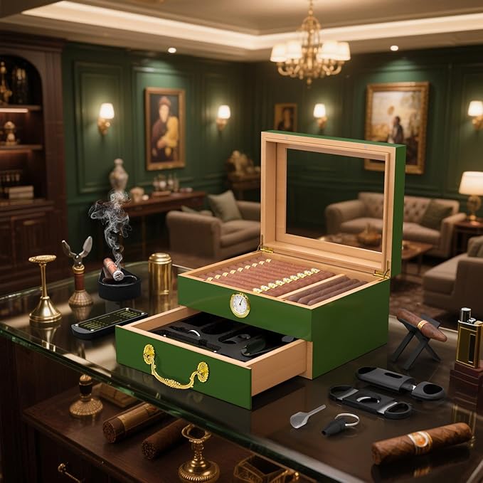 Cigar Humidor Box - Spanish Cedar Small Table Top Humidors for 20-50 Cigars with Accessories and Humidifier - Storage Drawer - Stylish Desktop Cigar Holder for Men - Portable Travel Case Emerald Green