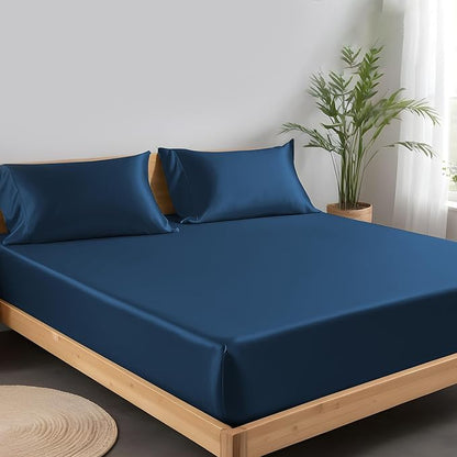LINENWALAS Fitted Sheet Only Viscose Derived from Bamboo, Bottom Sheet for King Size Bed – 16” Deep Pocket, All Around Snug Fit – Cooling, Breathable, Soft, Hypoallergenic (Navy Blue, King)