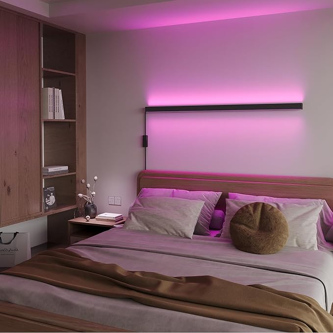 Modern LED Wall Light,RGBCW Wall Sconce Plug In or Hardwire Works with Alexa,Google Home,Remote & App,35.4In Long,Black Accent Wall Mount Lamp Dimmable for Living Room Bedroom Hallway,Music Sync,1pcs