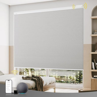 CINONEKO Custom Size(21-69"W x 22-93"H) Motorized Cellular Shades,No Drill Smart Honeycomb Blinds【Free Solar Powered】Automatic Blinds for Indoor Windows Cordless Electric Shades Compatible with Alexa