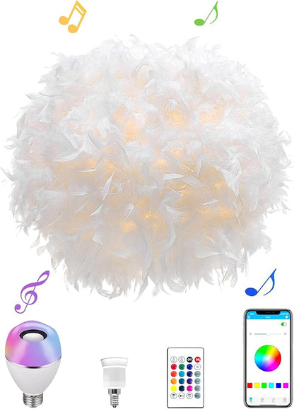 Star Vision Smart Feather Lamp with RGB Light Bulb, Built-in Bluetooth Speaker, Remote & APP Control, Fluffy Girl Room Decor, 600 Lumens, 19.7inches, White