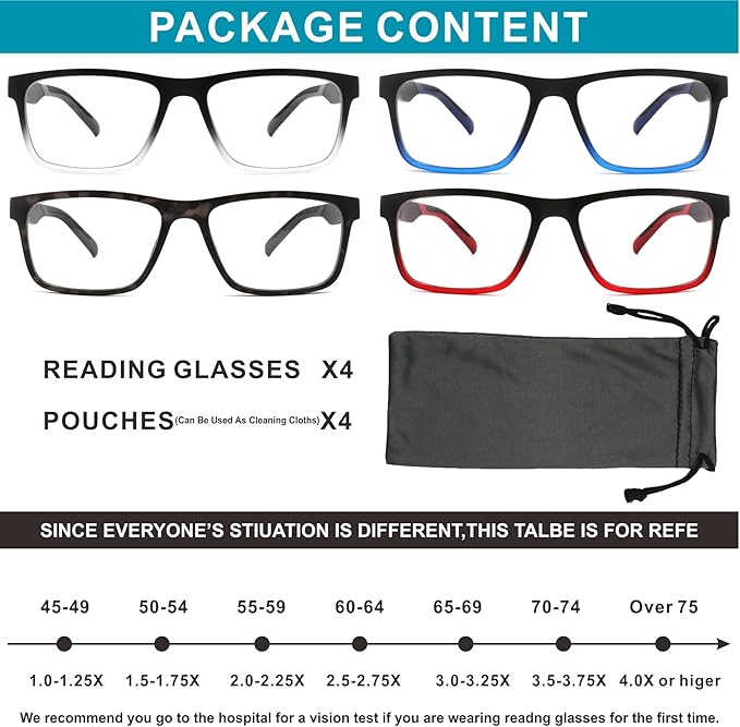 4 Pack 2.25 Reading Glasses Men Readers Computer Blue Light Blocker Fashion Comfortable Eyeglasses with Spring Hinge