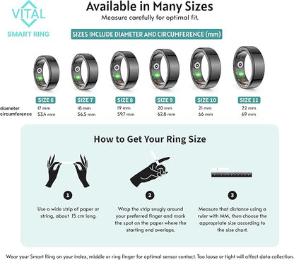 Vital Health Smart Ring for Women Black Vital Health Ring Smart Rings for Men with Fitness Tracking, Sleep Monitor, Activity Tracking, App (Size 11).