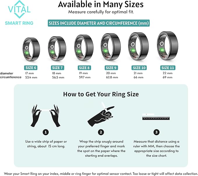 Vital Health Smart Ring for Women Black Vital Health Ring Smart Rings for Men with Fitness Tracking, Sleep Monitor, Activity Tracking, App (Size 7)