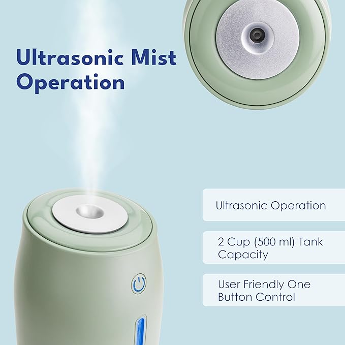 LivePure Cool Mist Humidifiers for Bedroom. Small Humidifier for Babies, Nursery, Plants, Office. Ultrasonic Cool Mist Humidifier w/Quiet Operation, USB-C Rechargeable. Mint Green