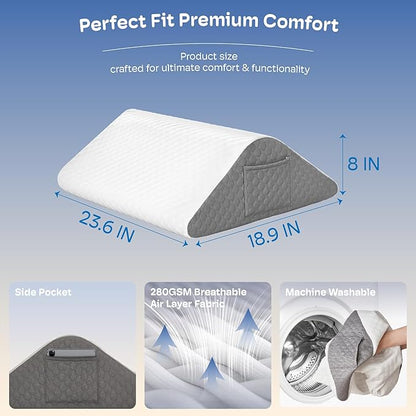 Triangle Wedge Pillow, Wedge Pillow for Acid Reflux, Back Pain Relief, Cooling Memory Foam Top, Bed Wedge Pillows for Headboard, Sleeping, Snoring, Back Support, After Surgery.
