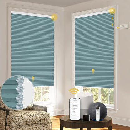 CINONEKO Custom Size(21-69"W x 22-93"H) Motorized Cellular Shades,No Drill Smart Honeycomb Blinds【Free Solar Powered】Automatic Blinds for Indoor Windows Cordless Electric Shades Compatible with Alexa