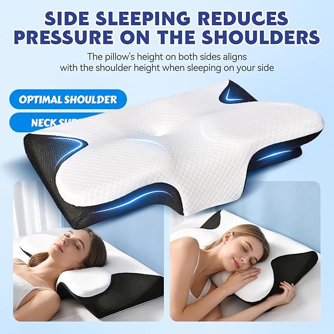 Cervical Neck Pillow for Sleeping Ergonomic Sleep Apnea Pillow with Memory Foam Neck Support Pillow for Back Side Stomach Sleepers with Pillowcase (Black)