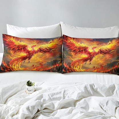 Manfei Phoenix Kids Sheet Full Size,Burning Cloud Sky Romantic Bedding Set,Boys Girls Room Decor,Firebird Animal Flying Wildlife Orange Yellow Bed Sheet Set 4pcs(Fitted + Flat + 2 Pillowcases)