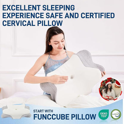 Cervical Neck Pillow - Memory Foam Pillow for Pain Relief Sleeping, Ergonomic Neck Support Contour Pillows for Side Back Stomach Sleepers,Orthopedic Breathable Pillowcase (Grey White)