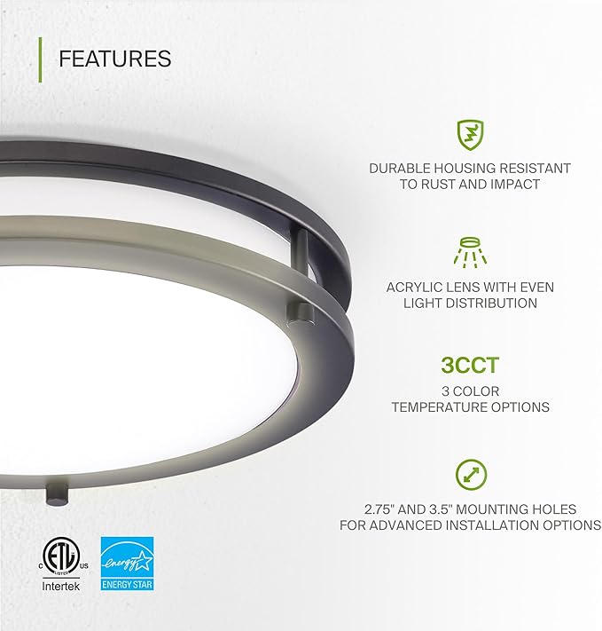 ASD LED 16" Round Flush Mount Lighting, Close to Ceiling Light Fixture | 3CCT, Dimmable, Energy Star, ETL Listed | 24W 1854LM 3000-5000K 120V | Low Profile Double Ring Lamp | Dark Bronze, 4 Pack