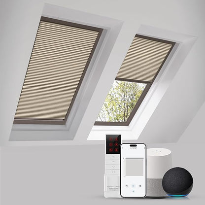 ZSTARR Motorized Skylight Shades Blackout Cellular Honeycomb Electric Blinds with Solar Panel Cordless Rechargeable with Remote for Roof and Slanted Windows Custom Size (Black Out Coffee)