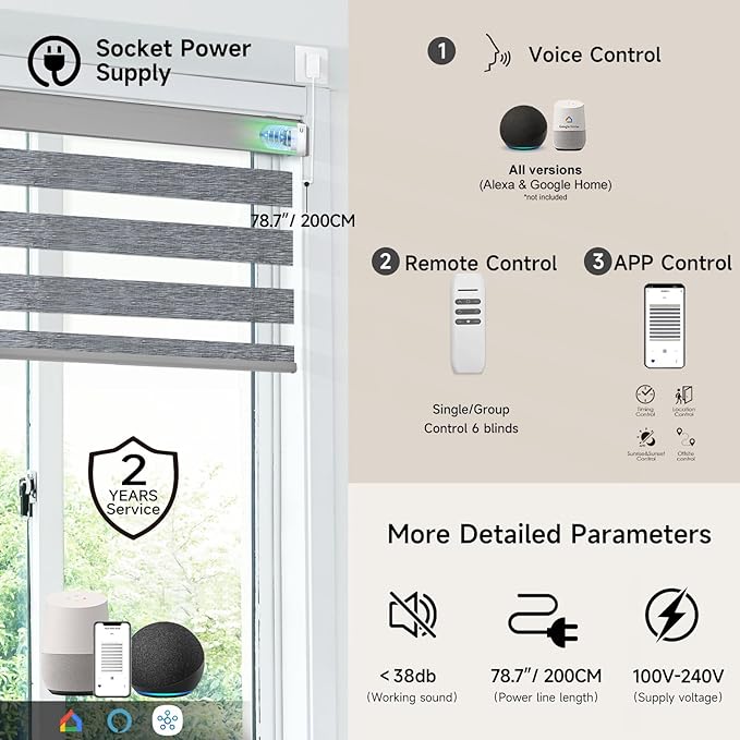 Motorized Zebra Blinds, Cordless Blackout Window Shades with Remote, Custom Dual Layer Smart Roller Shades Compatible with Alexa Google Assistant, Automatic Light Filtering Blinds,Texture Gray