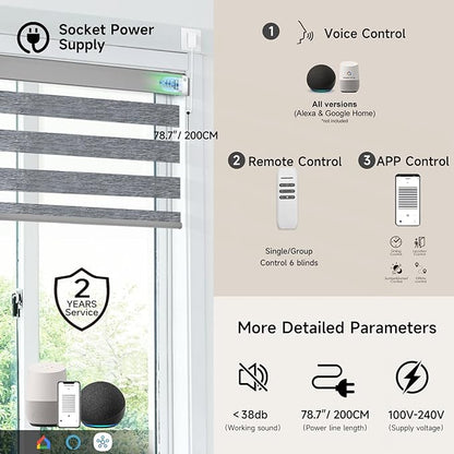 Motorized Zebra Blinds, Cordless Blackout Window Shades with Remote, Custom Dual Layer Smart Roller Shades Compatible with Alexa Google Assistant, Automatic Light Filtering Blinds,Texture Gray