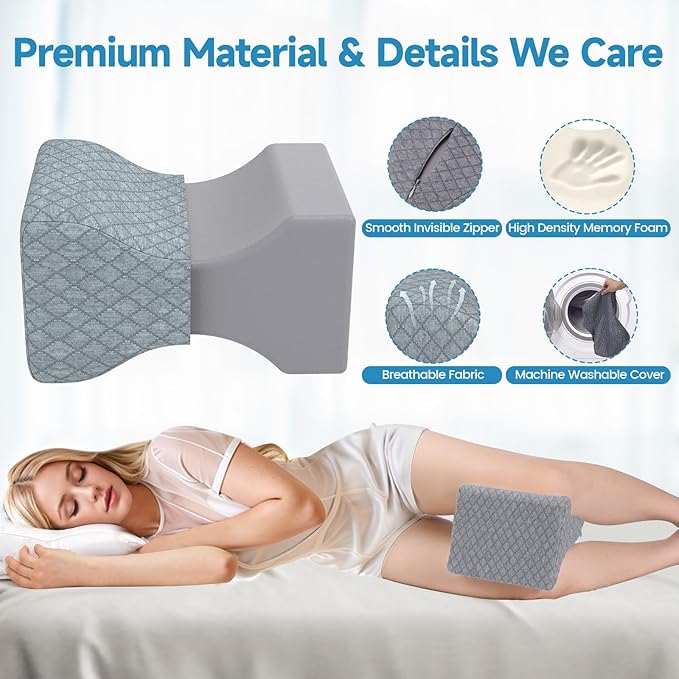 Memory Foam Knee Pillow for Side Sleepers, Support Leg Pillow for Side Sleeping, Smooth Spine Alignment Pillow, Cushion for Hip, Back, Sciatica, Knee, Joints Pain Relief, Gray