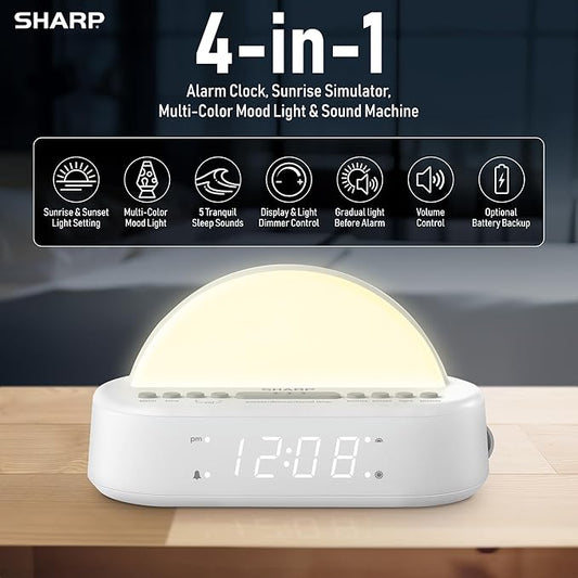 Sharp Sunrise Alarm Clock, Wake Up Gently with Sunrise/Sunset Simulation, Alarms, 5 Tranquil Sleep Aid Sounds, 8 Colors Night Light/Mood Light for Bedroom with 30/60/90 Timer