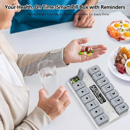 Weekly Pill Organizer with Alarms System, Removable Silicone Pill Box 7 Day 2 Time, Large Size Pill Case for Home and Travel, Secure Magnetic Base, Waterproof & Moisture Resistant (Gray)