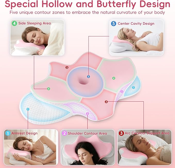 Cervical Neck Pillow for Pain Relief, Ergonomic Contour Pillow for Sleeping, 2 Heights Cooling Pillow for Neck and Shoulder Support, Memory Foam Orthopedic Pillow for Side Back Stomach Sleepers Pink