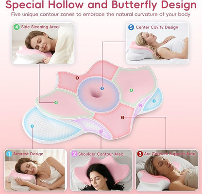 Cervical Neck Pillow for Pain Relief, Ergonomic Contour Pillow for Sleeping, 2 Heights Cooling Pillow for Neck and Shoulder Support, Memory Foam Orthopedic Pillow for Side Back Stomach Sleepers Pink