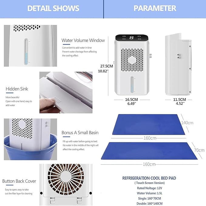 Water Cooled Mattress Pad,8W Water Cooling Pad Bed Cooling System,Low Noise Portable Bed Chiller with 1.7L Water Tank for Summer(160 * 140cm)
