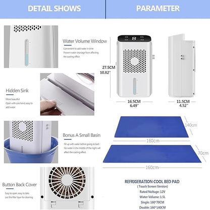 Water Cooled Mattress Pad,8W Water Cooling Pad Bed Cooling System,Low Noise Portable Bed Chiller with 1.7L Water Tank for Summer(160 * 70cm)
