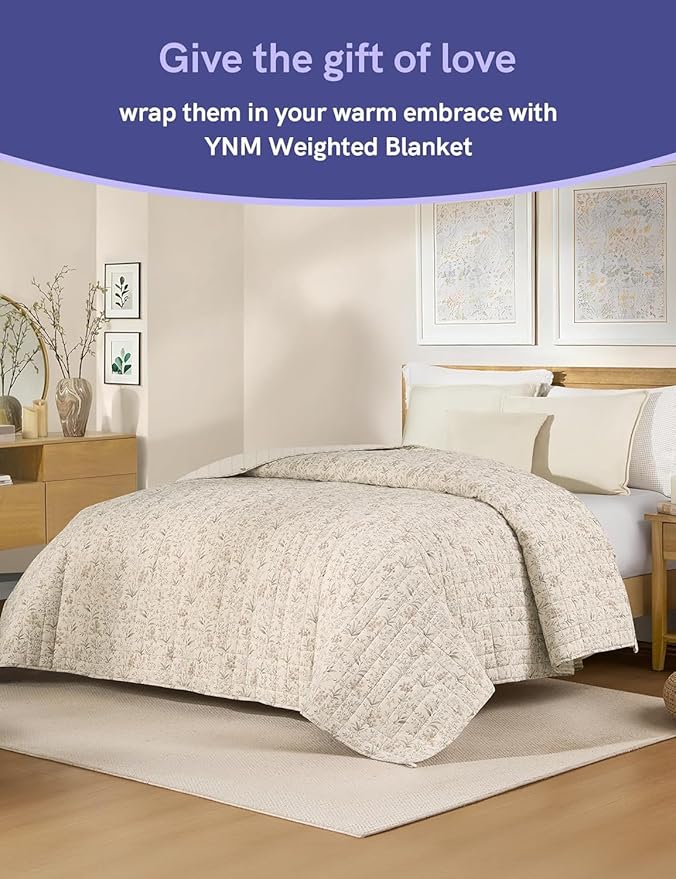 YnM 17lbs Weighted Blanket for Adults, Linen Heavy Bed Throw Blanket with Cooling Glass Beads for All Season Use, Ideal for ~160lbs (60x80 Inches, Queen, Botanical)
