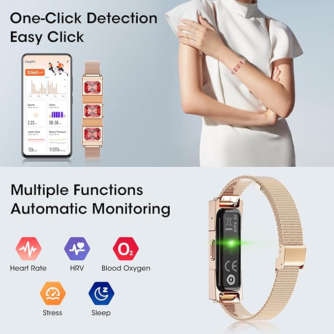 Mingtawn Women's Smart Bracelet with 2 Bands, Health Fitness Tracker, 24/7 Heart Rate/Blood Oxygen/HRV/Sleep Monitor, Fashion Ruby Wristband with Message/Call Reminder Free Subscription (Rose Gold)