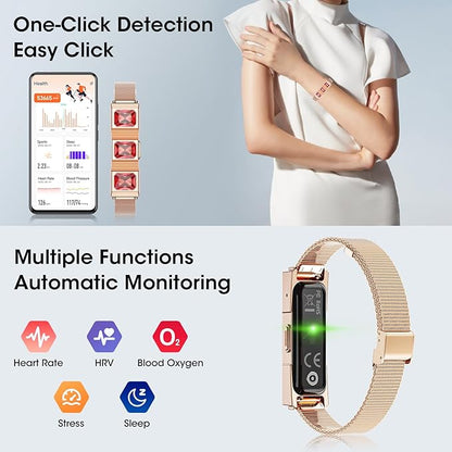 Mingtawn Women's Smart Bracelet with 2 Bands, Health Fitness Tracker, 24/7 Heart Rate/Blood Oxygen/HRV/Sleep Monitor, Fashion Ruby Wristband with Message/Call Reminder Free Subscription (Rose Gold)