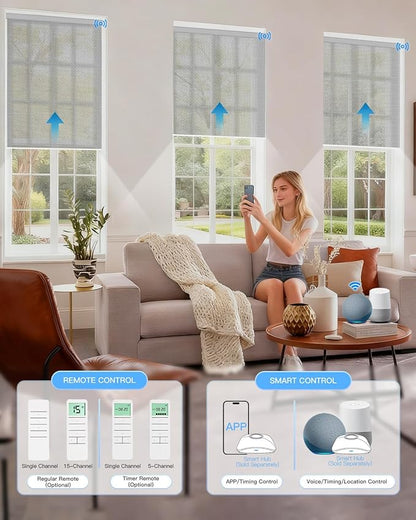 Motorized Solar Roller Shades with Remote Control, Light Filtering Smart Blinds for Windows Compatible with Alexa Google via Hub, Rechargeable Electric Shade Customized Size (Fireproof Grey)
