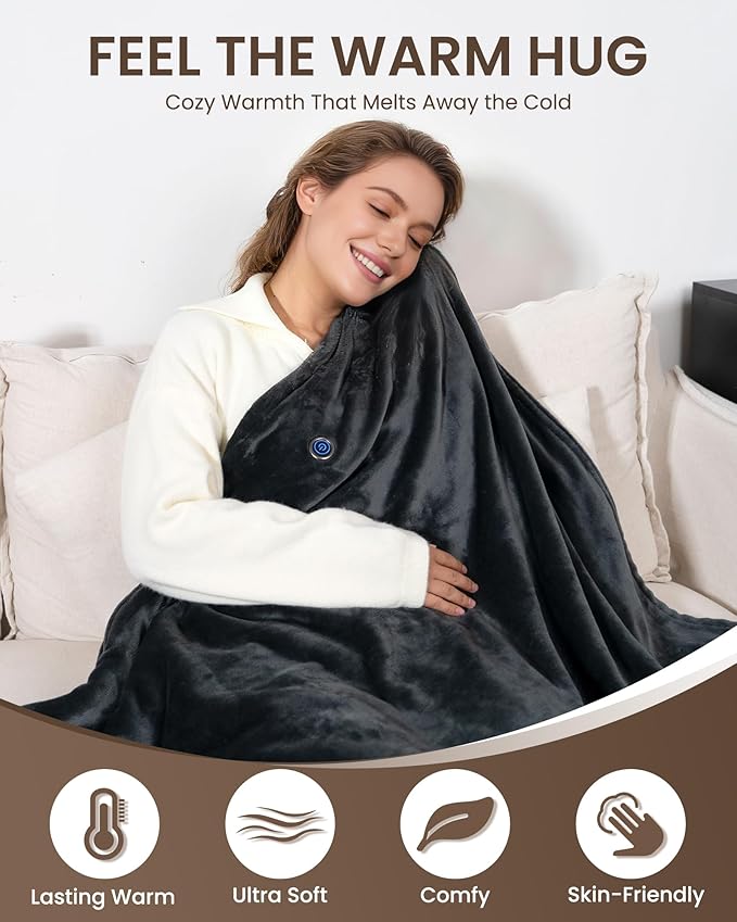 Cordless Heated Blanket with Hood, USB Battery Powered Heated Wearable Blanket with 9 Heating Zones, 20000 mAh Power Bank, 3 Levels, Portable Heated Throw Blanket, Heated Shawl (Warm Cozy Gray)