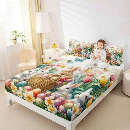 Happy Easter Bed Sheet Full Size Cute Rabbits Eggs Floral Bedding Set Butterfly Spring Tulip Fitted Sheet Kids Boys Girls Room Decor Colorful Soft Sheets with 2 Pillowcase,No Top Flat