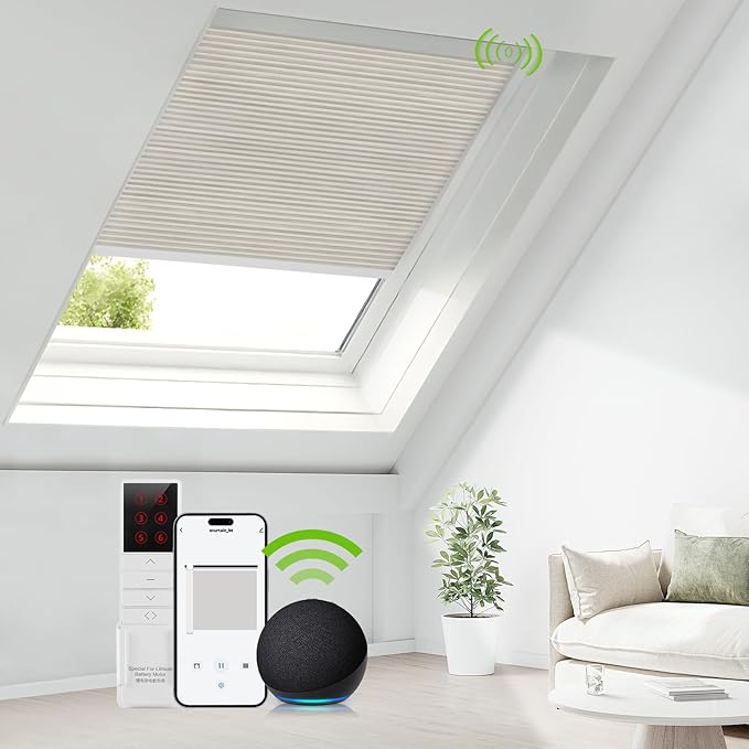 ZSTARR Motorized Skylight Shades Blackout Cellular Honeycomb Electric Blinds with Solar Panel Cordless Rechargeable with Remote for Roof and Slanted Windows Custom Size (LF Printed Taupe)