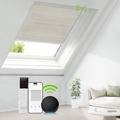 ZSTARR Motorized Skylight Shades Blackout Cellular Honeycomb Electric Blinds with Solar Panel Cordless Rechargeable with Remote for Roof and Slanted Windows Custom Size (LF Printed Taupe)