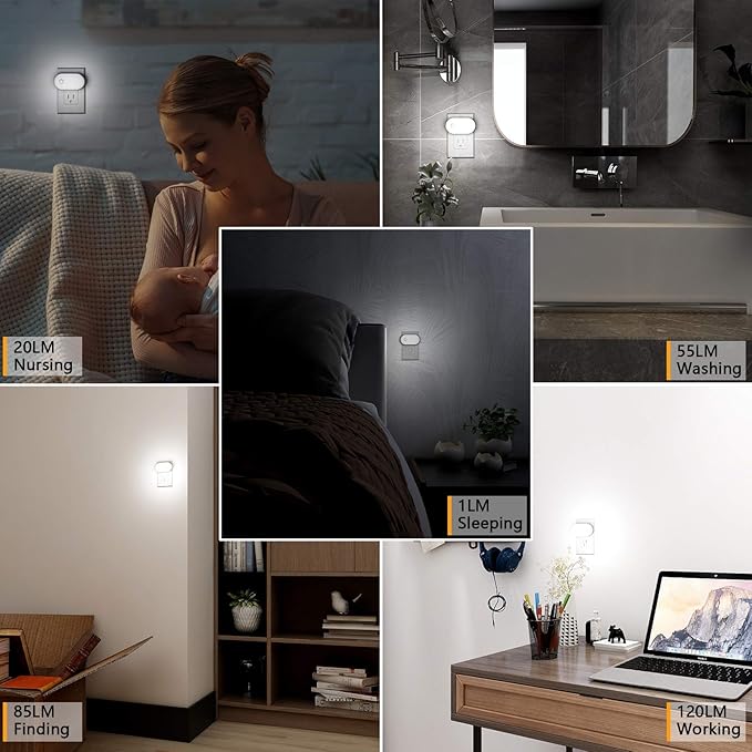 Lyridz Plug in Night Light with Motion Sensor, 120LM Superior Bright Smart Mini LED Nightlight, Cool White with Stepless Adjustable Brightness for Bathroom, Bedroom, Kitchen, Stairs, Hallway, 2 Pack