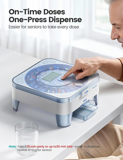 28-Day(1X) Automatic Pill Dispenser – One-Press Daily Dispense, Easy-to-Use Slide-Door Cup, Sound & Light Alerts, Moisture-Proof Dual Desiccants, Large Compartments for Tablets & Capsules