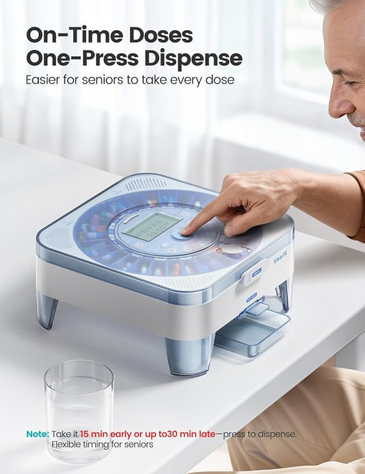 28-Day(1X) Automatic Pill Dispenser – One-Press Daily Dispense, Easy-to-Use Slide-Door Cup, Sound & Light Alerts, Moisture-Proof Dual Desiccants, Large Compartments for Tablets & Capsules