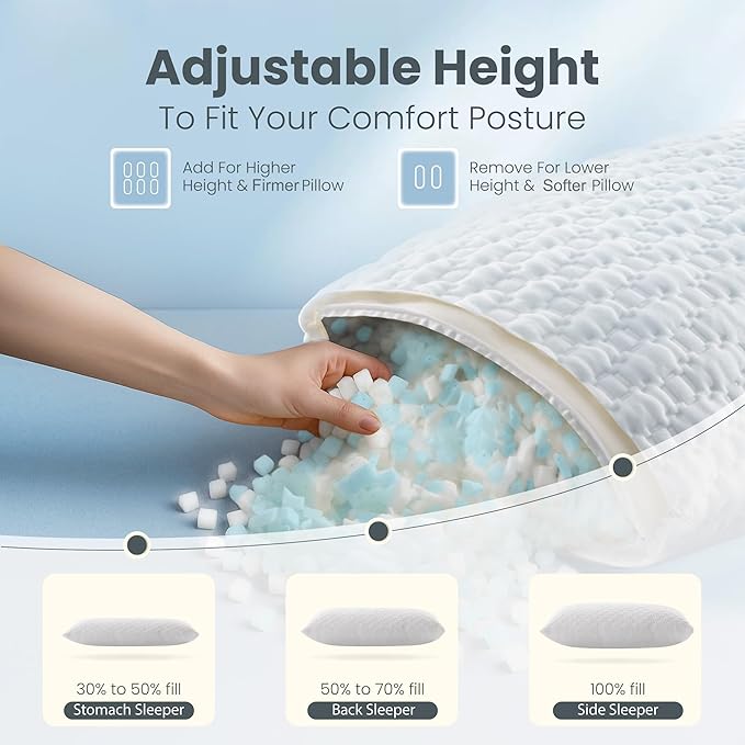 Sophia & William Side Sleeper Pillow Shredded Memory Foam Pillow for Neck and Shoulder Pain Adjustable Cooling Pillows, Comfotable Double-Sided Pillowcase, King Size