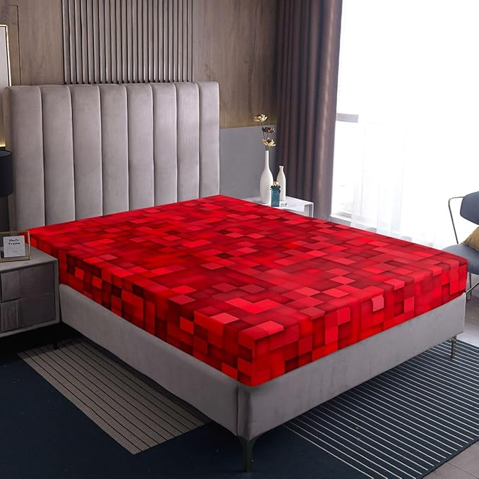 Pixel Grid Kids Twin Size Fitted Sheet,Pixelated Video Game Gamepad Boys Girls Bed Sheets,Geometric Square Gaming Room Decor,Red Bedding Set,1 Pillowcase(No Flat)