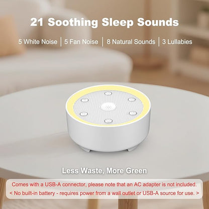 Kipcush White Noise Machine - 21 Soothing Non-Looping Sounds, Dimmable Night Light, & Blind-Touch Buttons | USB-Powered Portable Sleep Therapy for Babies, Adults, Office & Travel - White