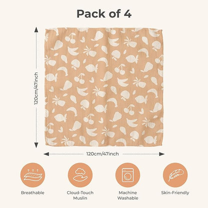 Momcozy Muslin Swaddle Blankets, Ultra Soft Neutral Registry Essentials, 47'' x 47'' Breathable Large Receiving Blanket, Newborn Essentials Must Haves, Baby Boys Girls Shower Gifts, Fruits Party