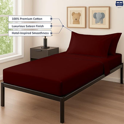 Cottingon 33"x75" Cot Sheet and Pillow Case 4 Piece Set, 100% Egyptain Cotton Soft Bedding Perfect for Rollaway, Folding, Guest Bed Frame, Fits Upto 7" Deep Mattress, Burgundy Solid
