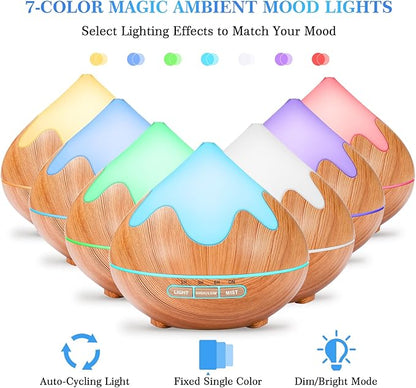 500ML Essential Oil Diffuser, Aromatherapy Diffuser with Remote Control, Multifunctional Air Diffusers for Home Office Room, Fragrance Aroma Diffuser with 7 Color LED & 2 Mist Mode, Light Brown