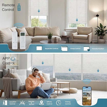 Motorized Light Filtering Roll Shades Work with HomeKit, 70% Blackout Automatic Blinds for Windows, Smart Shades with Remote, APP/Voice Control, Smart Home Motorized Blinds,Linen White