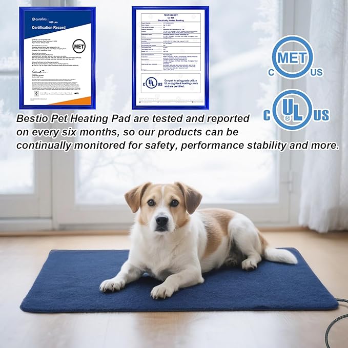Bestio Large Dog Heating Pad,34x21 in Heated Dog Bed with Constant Heat & Auto Modes，MET&UL Certified Pet Heating Pad,Chew-Resistant Cord,Waterproof Washable Cover - Blue