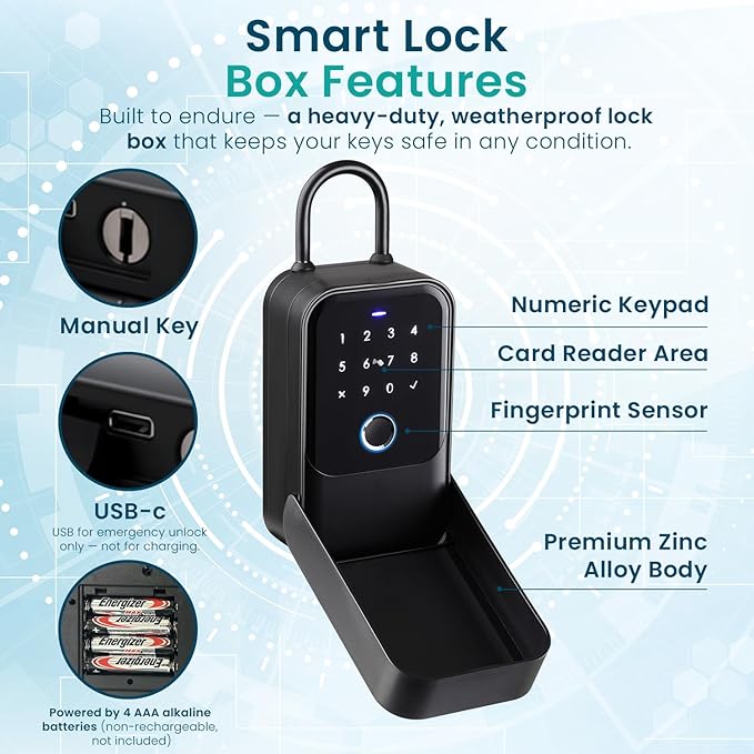 Smart Digital Wireless Lock Box – App-Controlled Key Storage with Fingerprint, Bluetooth, Passcode, Card & Key Access for Home, Office, Airbnb, Realtor – Wall or Door Mount