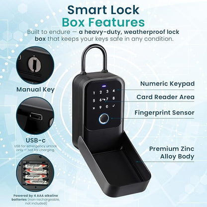 Smart Digital Wireless Lock Box – App-Controlled Key Storage with Fingerprint, Bluetooth, Passcode, Card & Key Access for Home, Office, Airbnb, Realtor – Wall or Door Mount