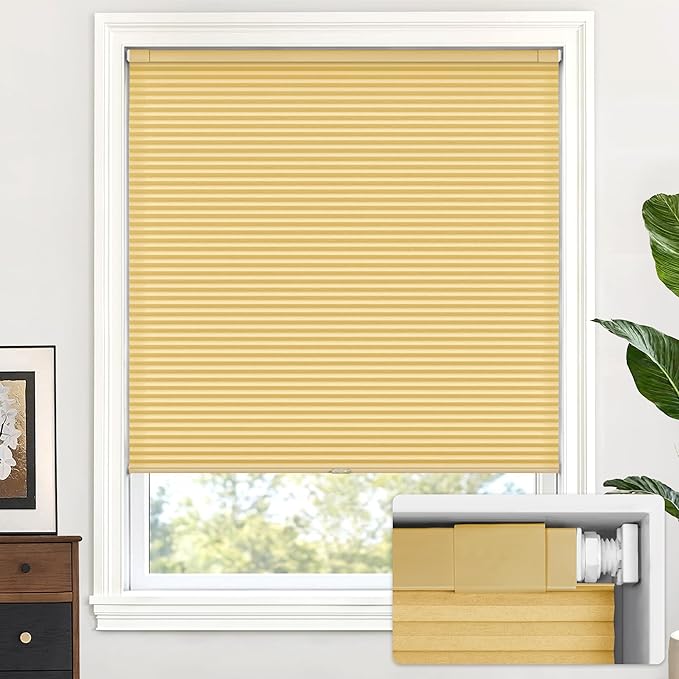 LazBlinds Cordless Cellular Shades, No Tools No Drill Light Filtering Honeycomb Shades Pleated Blinds for Windows, 29'' W x 64'' H, Yellowish-Brown